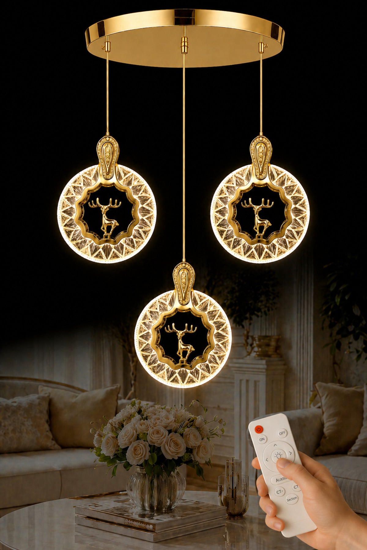 Ren Geyiği Gold 3-Light Remote-Controlled Chandelier