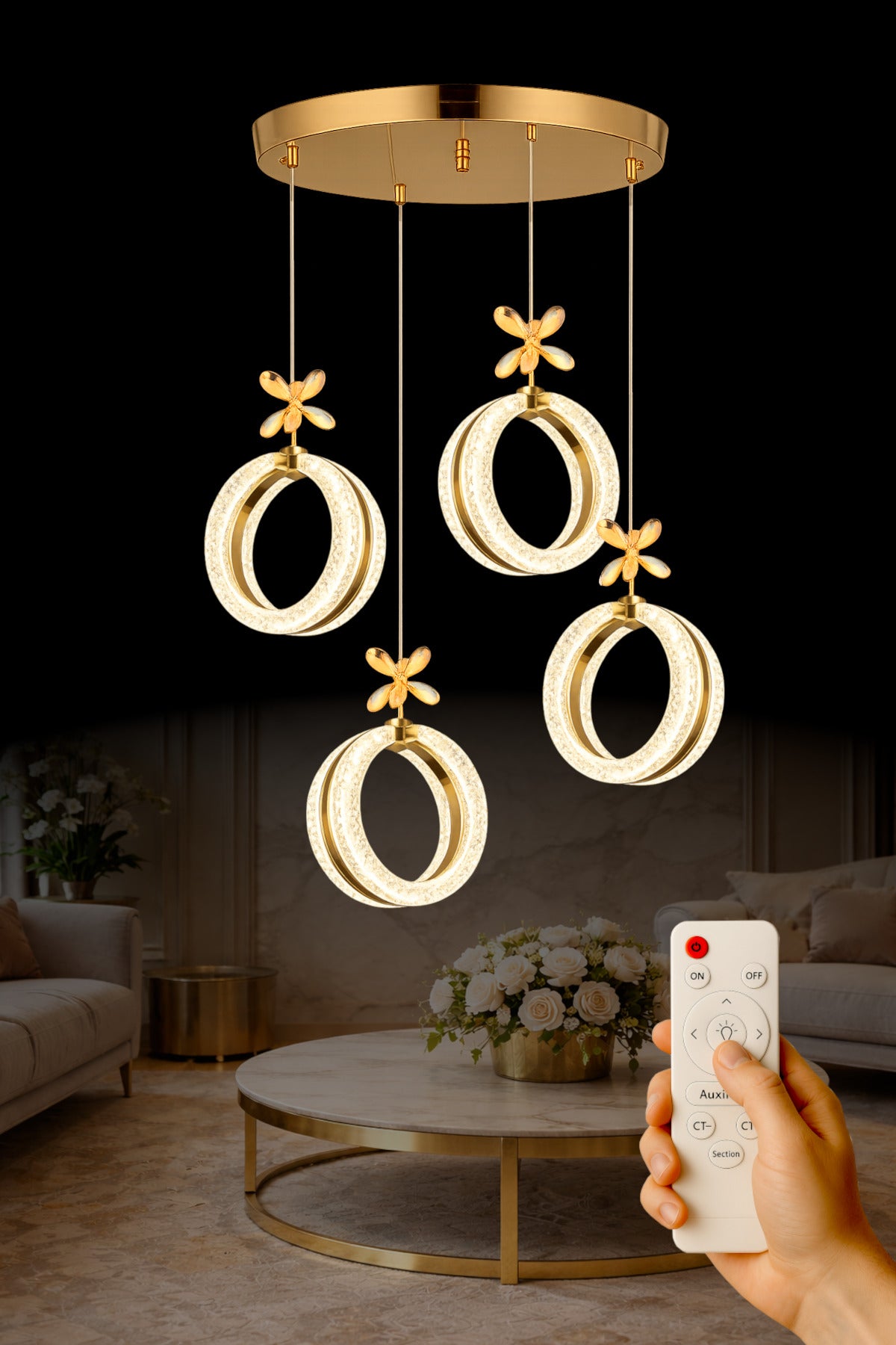 Athena Gold 4-Light Remote-Controlled Chandelier