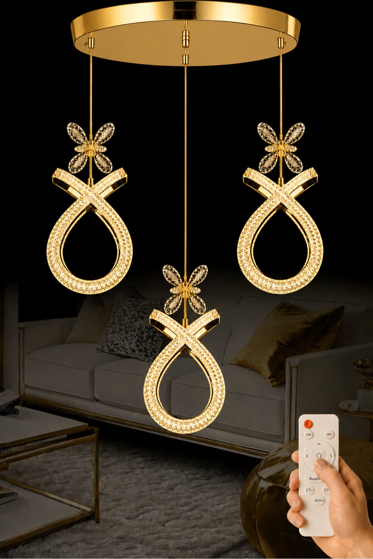 Karuna Gold 3-Light Remote-Controlled Chandelier