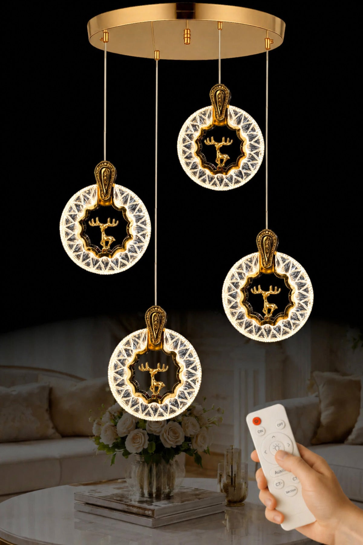 Ren Geyiği Gold 4-Light Remote-Controlled Chandelier