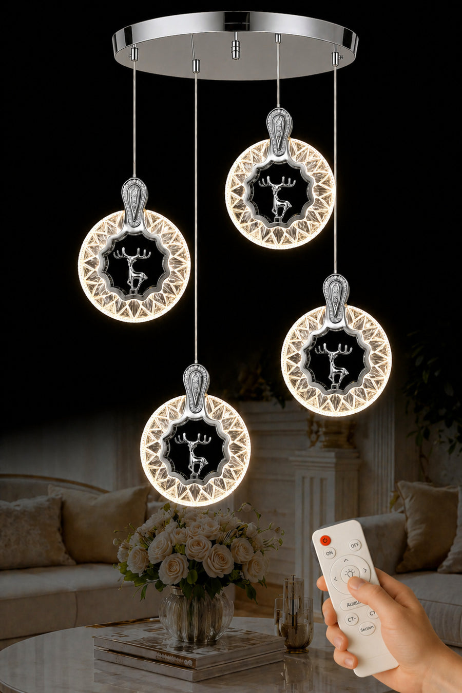 Ren Geyiği Chrome 4-Light Remote-Controlled Chandelier