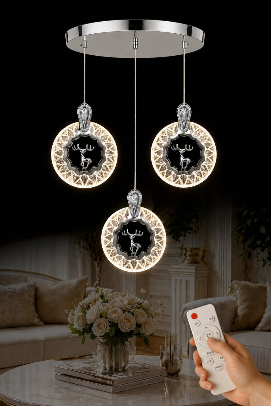 Ren Geyiği Chrome 3-Light Remote-Controlled Chandelier