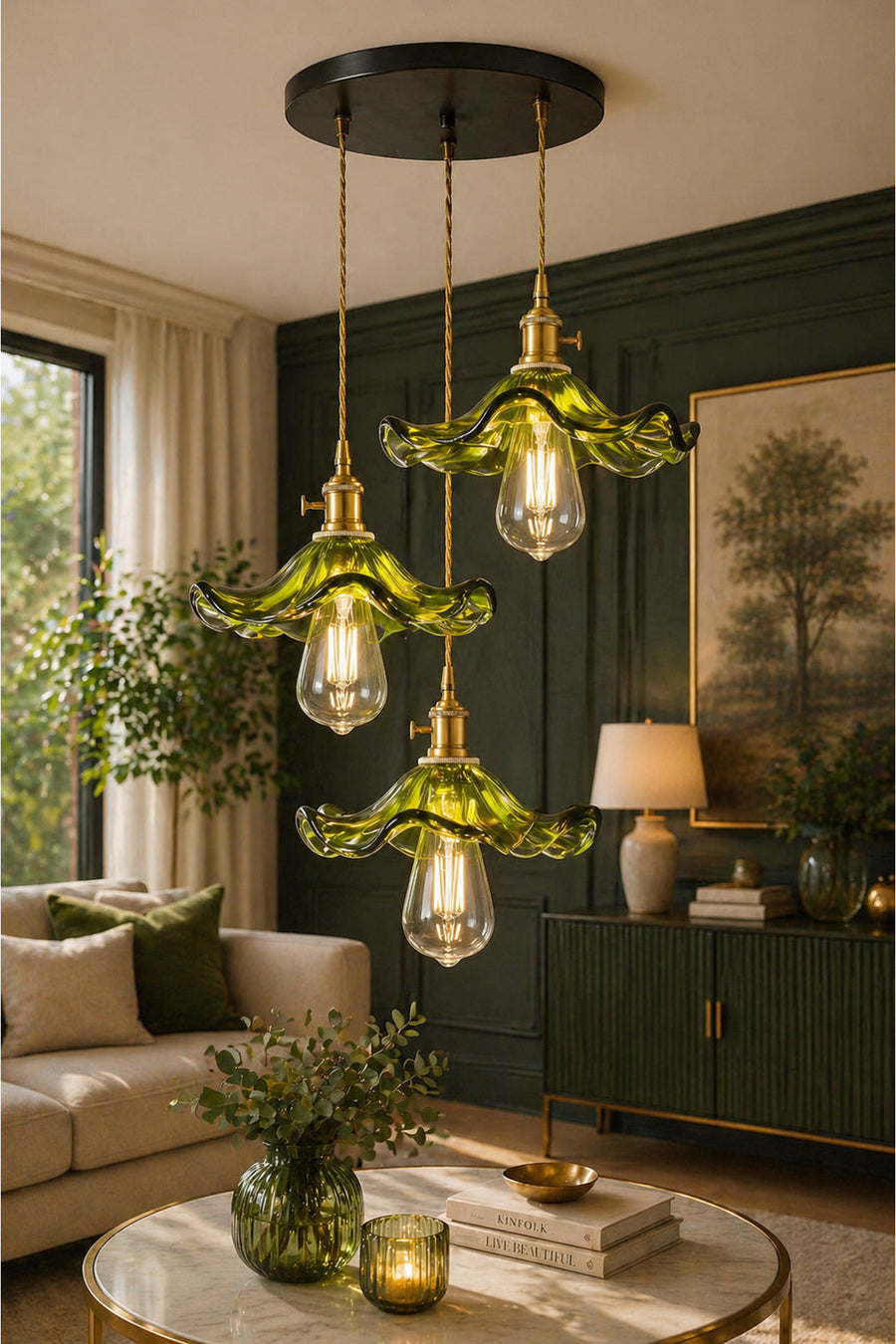 Alya Green Glass Classic 3-Light Pendant Chandelier