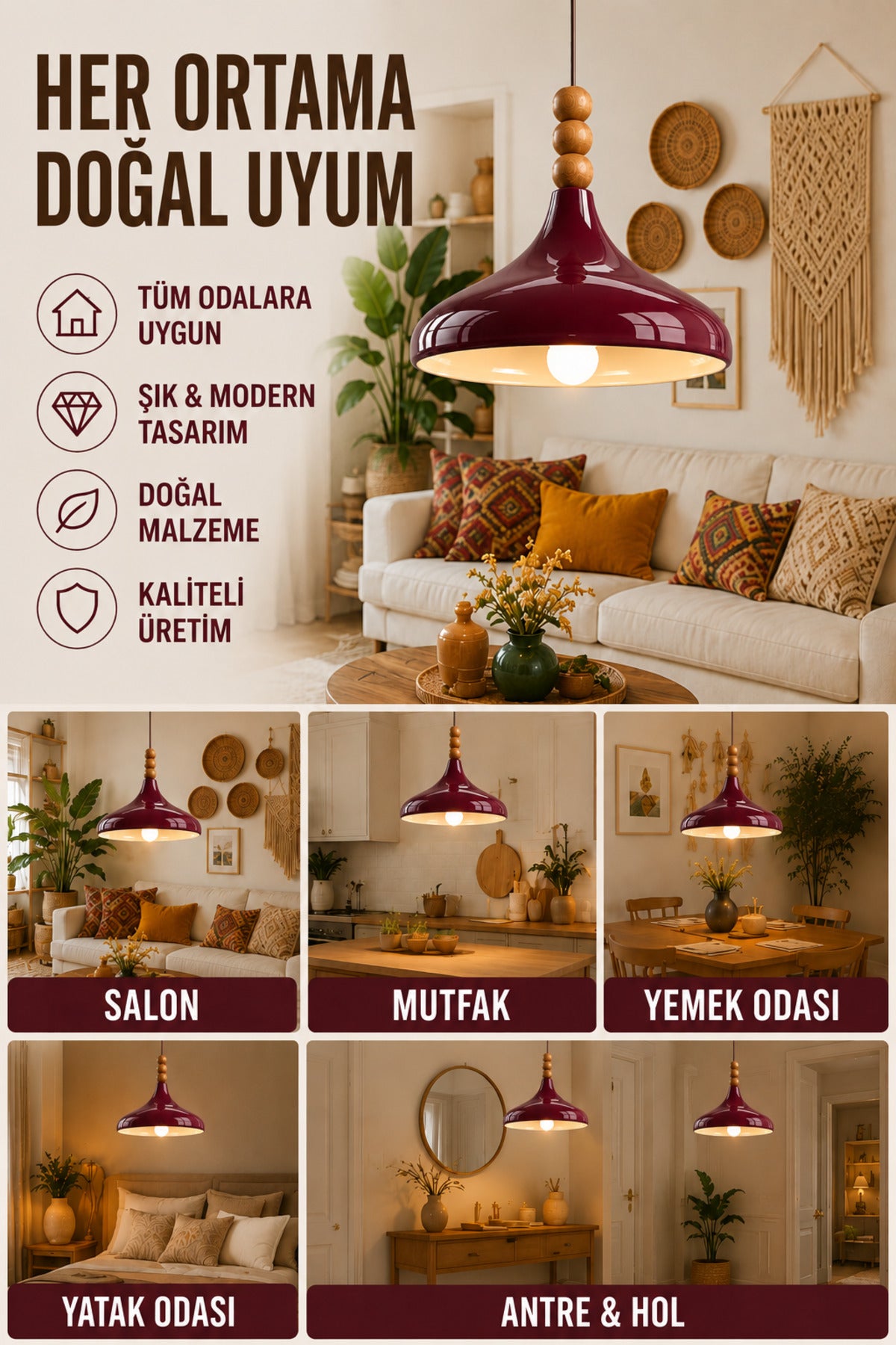 Verona Burgundy Rustic 1-Light Pendant Light — view 3