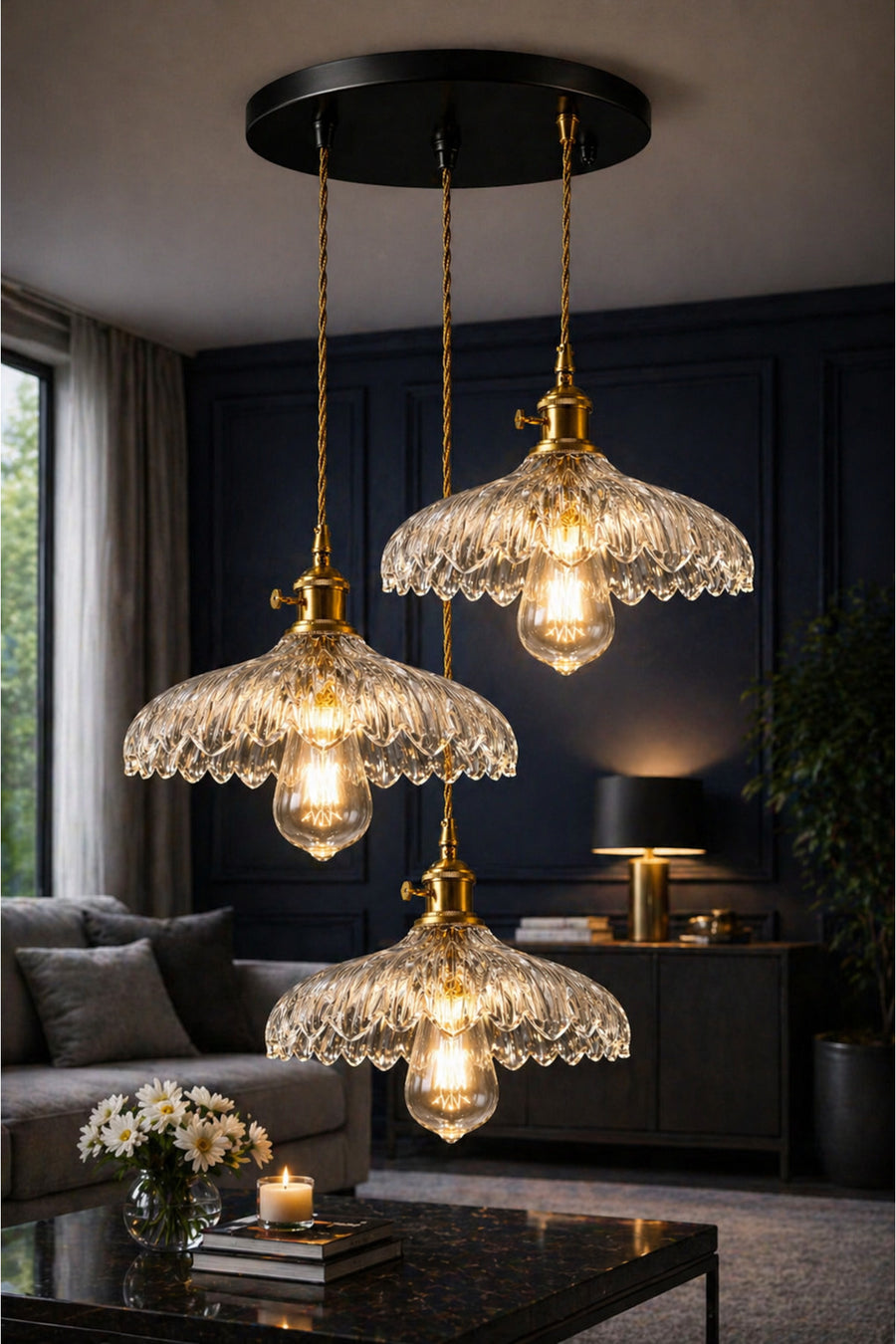 Roma Clear Glass Classic 3-Light Pendant Chandelier