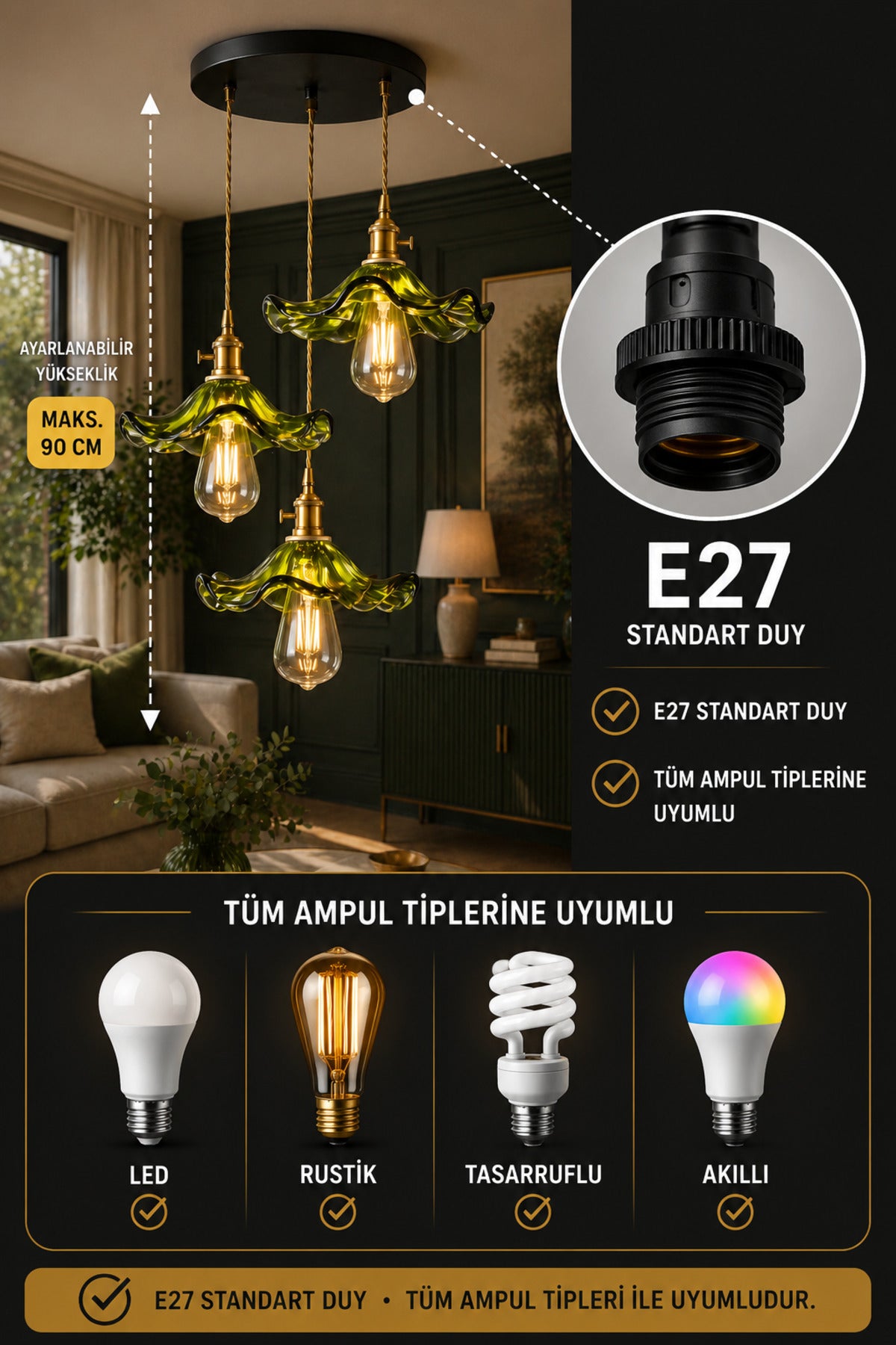 Alya Green Glass Classic 3-Light Pendant Chandelier — view 4