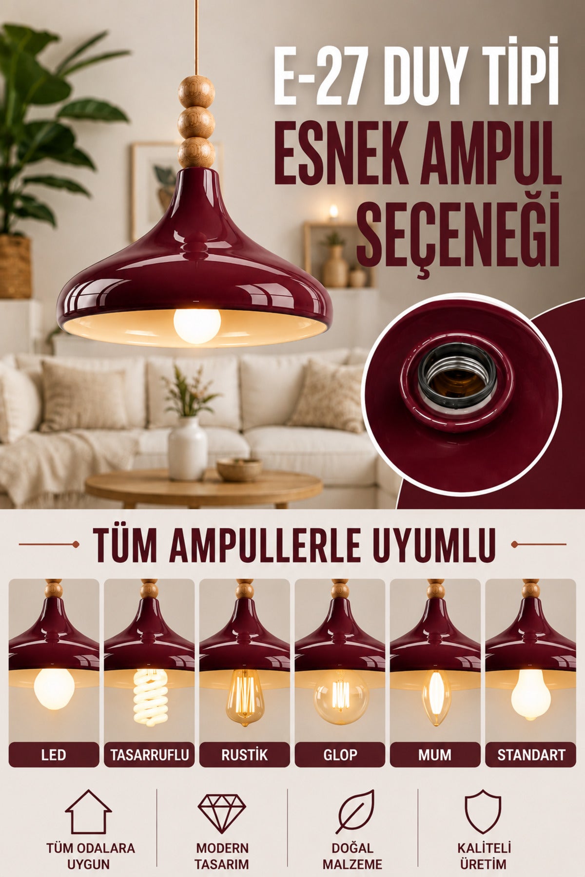 Verona Burgundy Rustic 1-Light Pendant Light — view 4