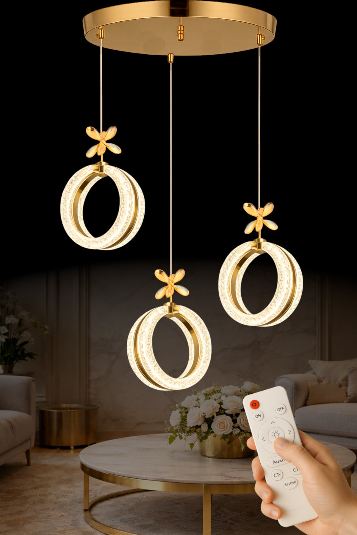 Athena Gold 3-Light Remote-Controlled Chandelier