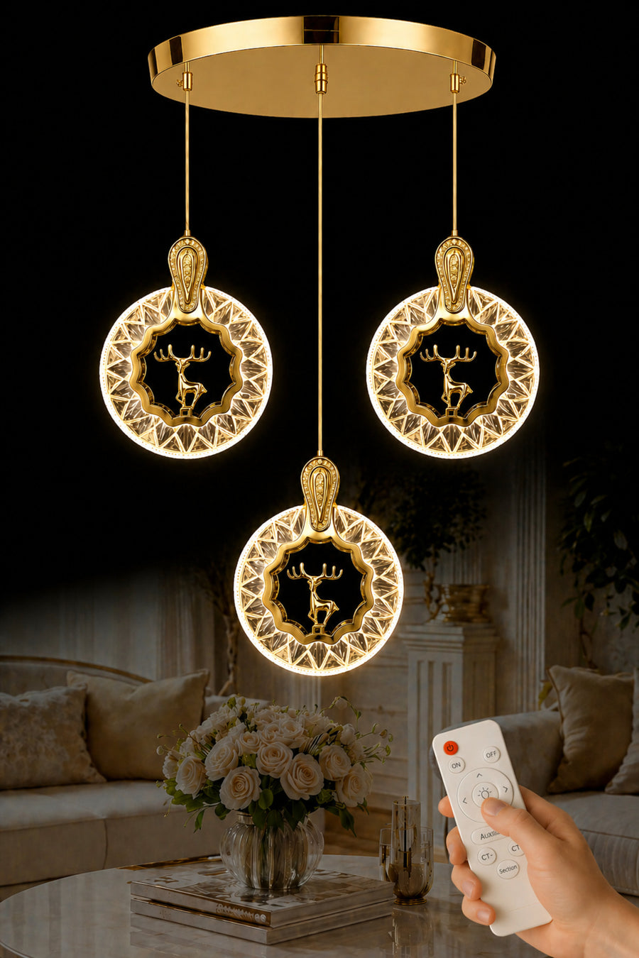 Ren Geyiği Gold 3-Light Remote-Controlled Chandelier