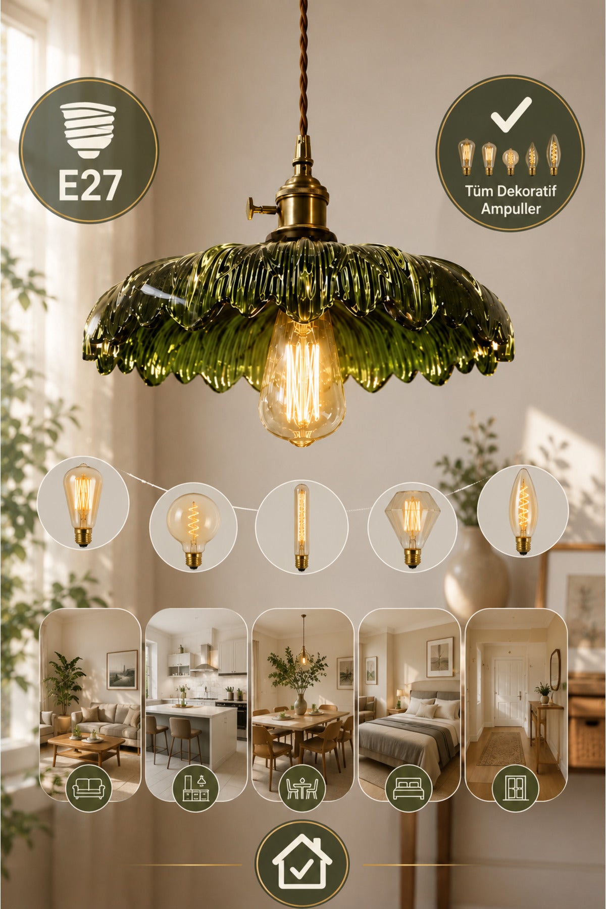 Roma Green Glass Classic 1-Light Pendant Light — view 4